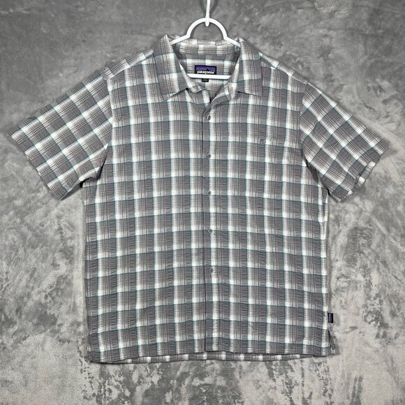 Patagonia Plaid Seersucker Short‎ Sleeve Button Mens XL Shirt Gray White Teal - Picture 1 of 6